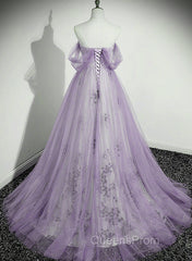 Lavender Tulle A-Line Beaded Off Shoulder Party Dress, Lavender Long Formal Dress