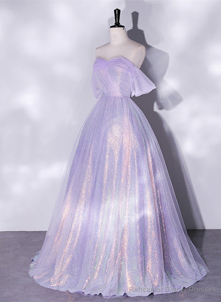 Lavender Tulle and Sequins Long Prom Dress, Off Shoulder A-line Party Dress Main image