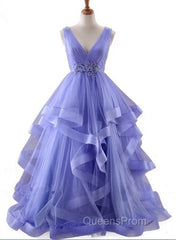 Lavender Tulle V-Neckline Layers Long Sweet 16 Dress, Light Purple Evening Prom Dress Party Dress