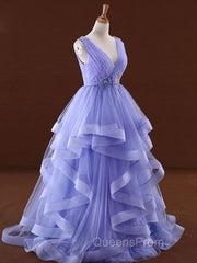 Lavender Tulle V-Neckline Layers Long Sweet 16 Dress, Light Purple Evening Prom Dress Party Dress