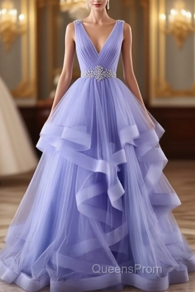 Lavender Tulle V-Neckline Layers Long Sweet 16 Dress, Light Purple Evening Prom Dress Party Dress Main image