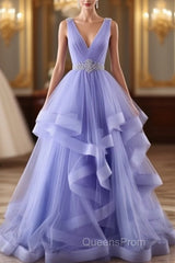 Lavender Tulle V-Neckline Layers Long Sweet 16 Dress, Light Purple Evening Prom Dress Party Dress