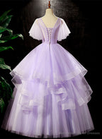 Lavender Tulle V-neckline Sweet 16 Dress with Flowers, Lavender Formal Dress Prom Dress