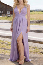 Lavender V Neck Chiffon Floor Length Bridesmaid Dresses Long Bridesmaid Dress With Pleated Split