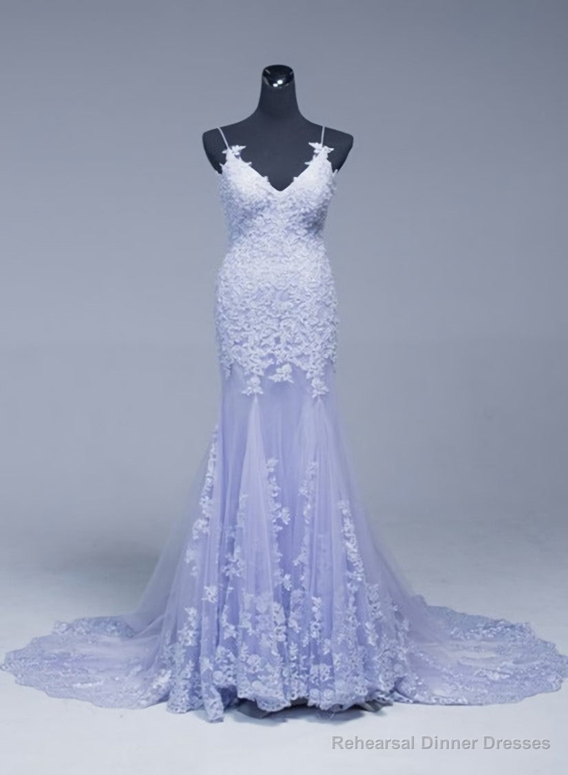 Lavener Tulle with Lace Sheath Spaghetti Straps Evening Dresses, Long Prom Dresses Secondary image