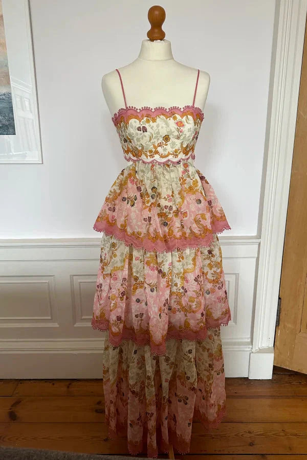 Orange Fashion Sweet Floral Layered Lace Long Prom Dress Evening Gown Garden Party Dress