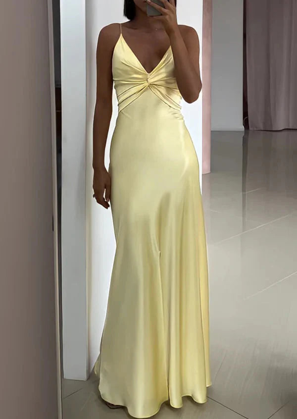 Yellow Fashion Elegant Satin Backless Long Spaghetti Straps Classy Evening Gown Classy Prom Dress