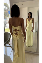 Yellow Fashion Elegant Satin Backless Long Spaghetti Straps Classy Evening Gown Classy Prom Dress