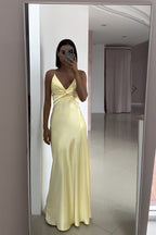 Yellow Fashion Elegant Satin Backless Long Spaghetti Straps Classy Evening Gown Classy Prom Dress