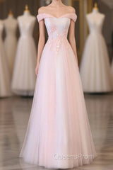 Light Pink Lace Off Shoulder Lonng Evening Prom Dress, Pink Evening Dress