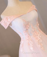 Light Pink Lace Off Shoulder Lonng Evening Prom Dress, Pink Evening Dress