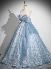 Light Blue A-Line Lace And Tulle Long Party Dress, Blue Round Neckline Evening Prom Dress