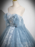Light Blue A-Line Lace And Tulle Long Party Dress, Blue Round Neckline Evening Prom Dress