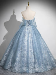 Light Blue A-Line Lace And Tulle Long Party Dress, Blue Round Neckline Evening Prom Dress