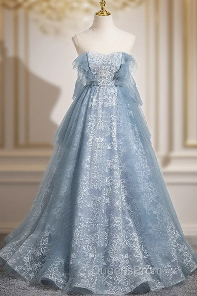 Light Blue A-Line Lace And Tulle Long Party Dress, Blue Round Neckline Evening Prom Dress Main image