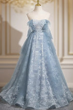 Light Blue A-Line Lace And Tulle Long Party Dress, Blue Round Neckline Evening Prom Dress