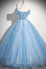 Light Blue A-Line Off Shoulder Tulle Sequins Long Evening Prom Dress Evening Dress