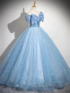 Light Blue A-Line Off Shoulder Tulle Sequins Long Evening Prom Dress Evening Dress