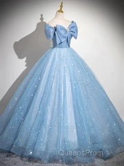 Light Blue A-Line Off Shoulder Tulle Sequins Long Evening Prom Dress Evening Dress