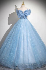Light Blue A-Line Off Shoulder Tulle Sequins Long Evening Prom Dress Evening Dress