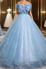 Light Blue A-Line Off Shoulder Tulle Sequins Long Evening Prom Dress Evening Dress