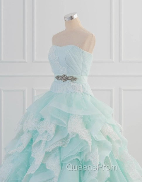 Light Blue A-Line Strapless Tulle Lace Long Evening Prom Dress Vintage Wedding Dress