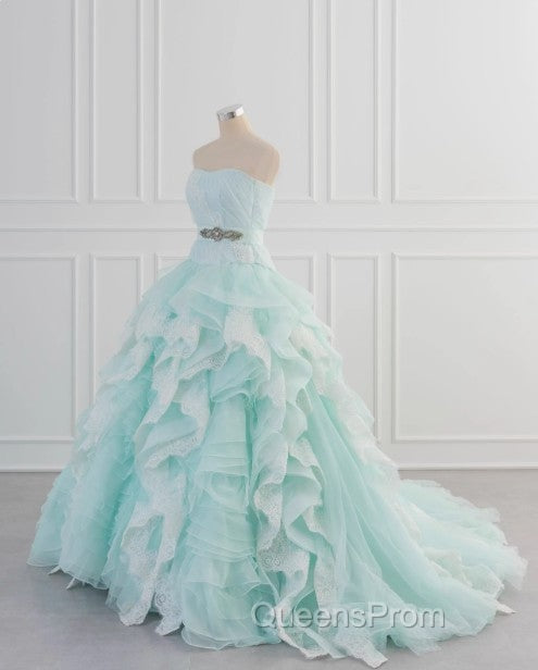 Light Blue A-Line Strapless Tulle Lace Long Evening Prom Dress Vintage Wedding Dress