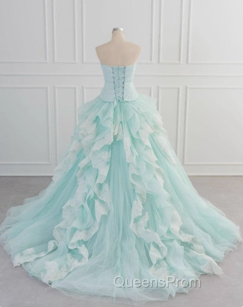 Light Blue A-Line Strapless Tulle Lace Long Evening Prom Dress Vintage Wedding Dress