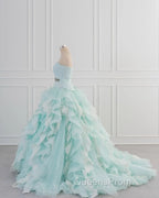 Light Blue A-Line Strapless Tulle Lace Long Evening Prom Dress Vintage Wedding Dress