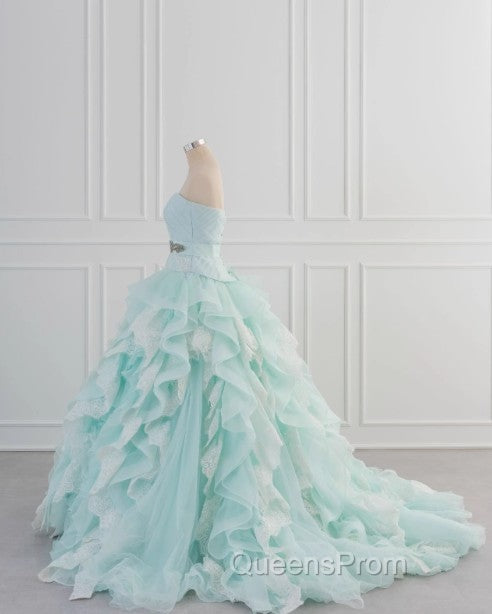 Light Blue A-Line Strapless Tulle Lace Long Evening Prom Dress Vintage Wedding Dress