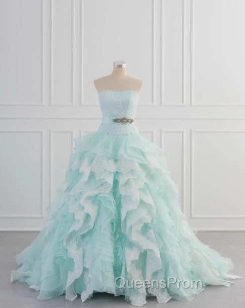 Light Blue A-Line Strapless Tulle Lace Long Evening Prom Dress Vintage Wedding Dress
