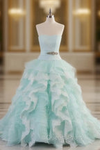 Light Blue A-Line Strapless Tulle Lace Long Evening Prom Dress Vintage Wedding Dress