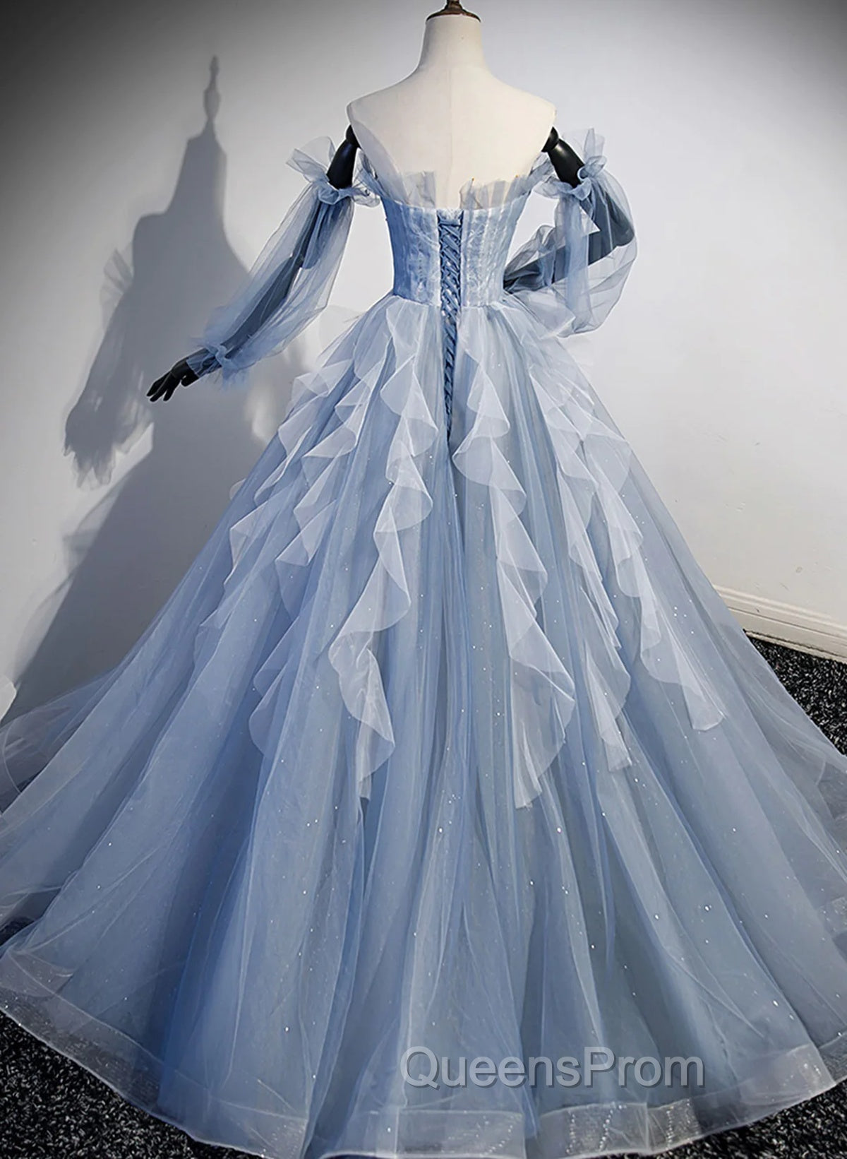 Light Blue Ball Gown Long Sleeves Beaded Party Dress, Light Blue Evening Prom Dress