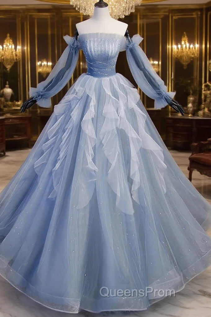 Light Blue Ball Gown Long Sleeves Beaded Party Dress, Light Blue Evening Prom Dress