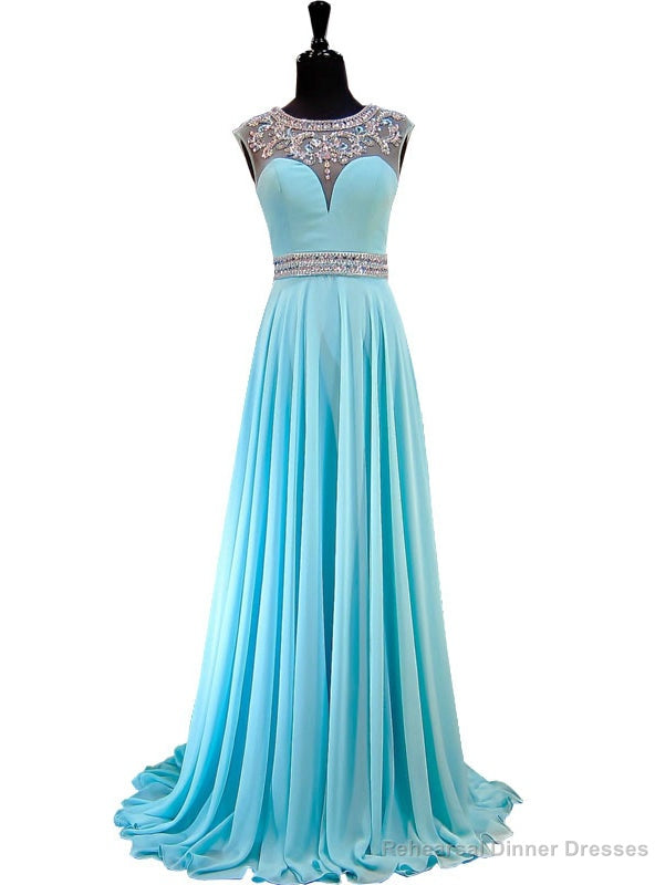 Light Blue Beaded Crystals Sheer Back African Chiffon Prom Dress Main image