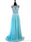 Light Blue Beaded Crystals Sheer Back African Chiffon Prom Dress