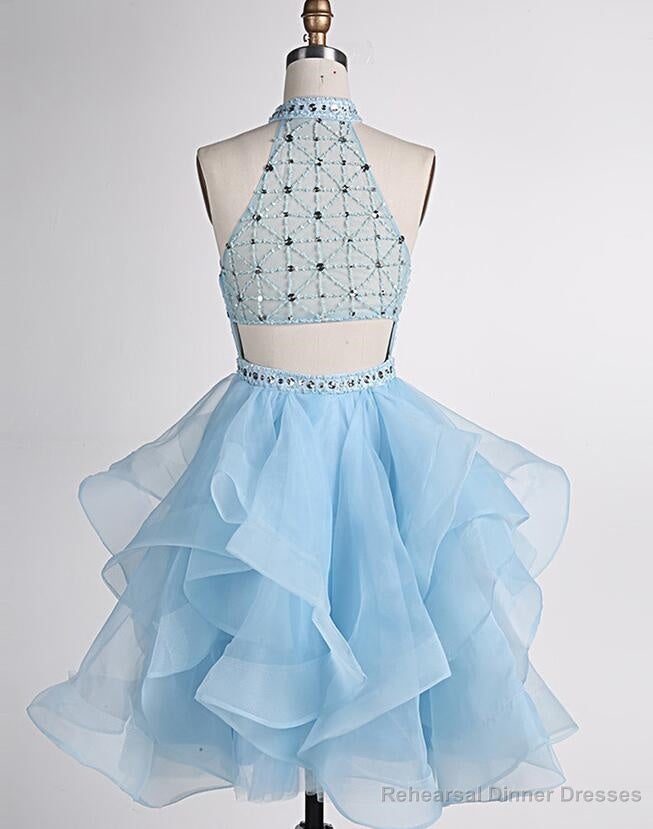Light Blue Beaded Layers Knee Length Party Dress, Blue Homecoming Dress Short Prom Dress Main image