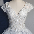 Light Blue Cap Sleeves Lace Top Ball Gown Sweet 16 Gown, Light Blue Evening Prom Dress Formal Dress
