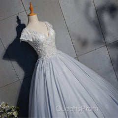 Light Blue Cap Sleeves Lace Top Ball Gown Sweet 16 Gown, Light Blue Evening Prom Dress Formal Dress