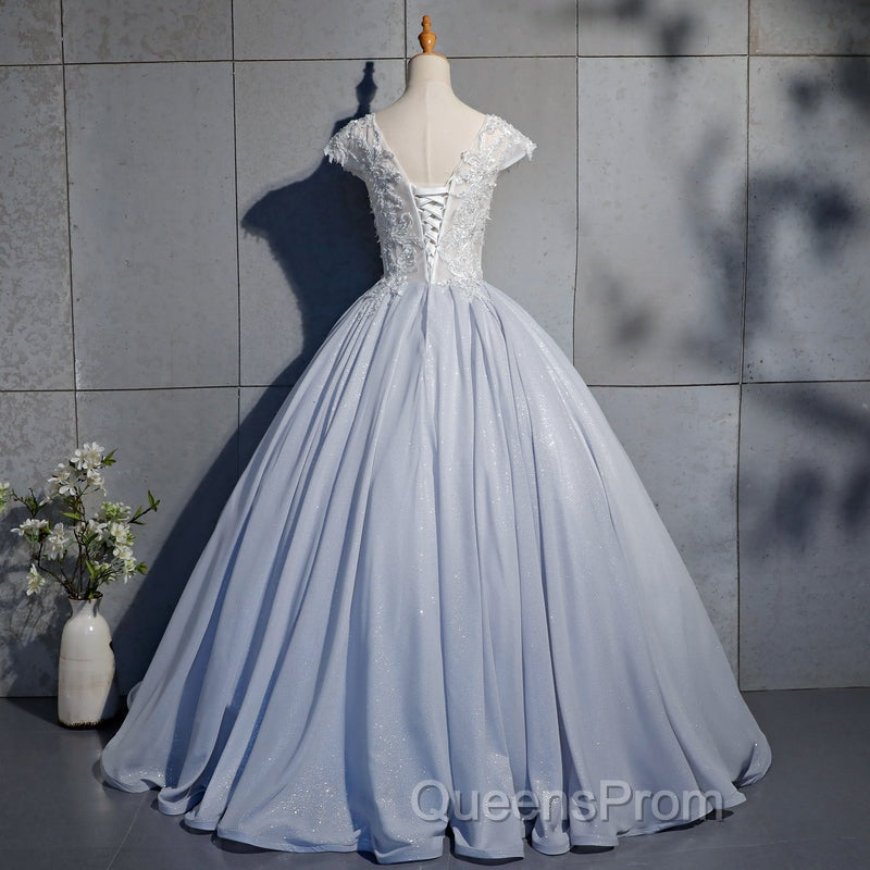 Light Blue Cap Sleeves Lace Top Ball Gown Sweet 16 Gown, Light Blue Evening Prom Dress Formal Dress