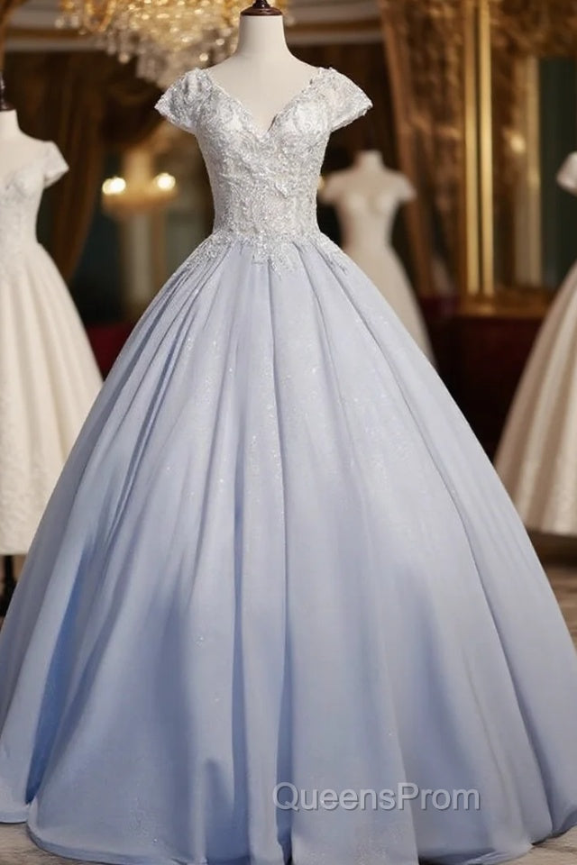 Light Blue Cap Sleeves Lace Top Ball Gown Sweet 16 Gown, Light Blue Evening Prom Dress Formal Dress Main image