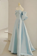 Light Blue Chic Satin Off Shoulder Long Party Dress, A-Line Light Blue Formal Dress