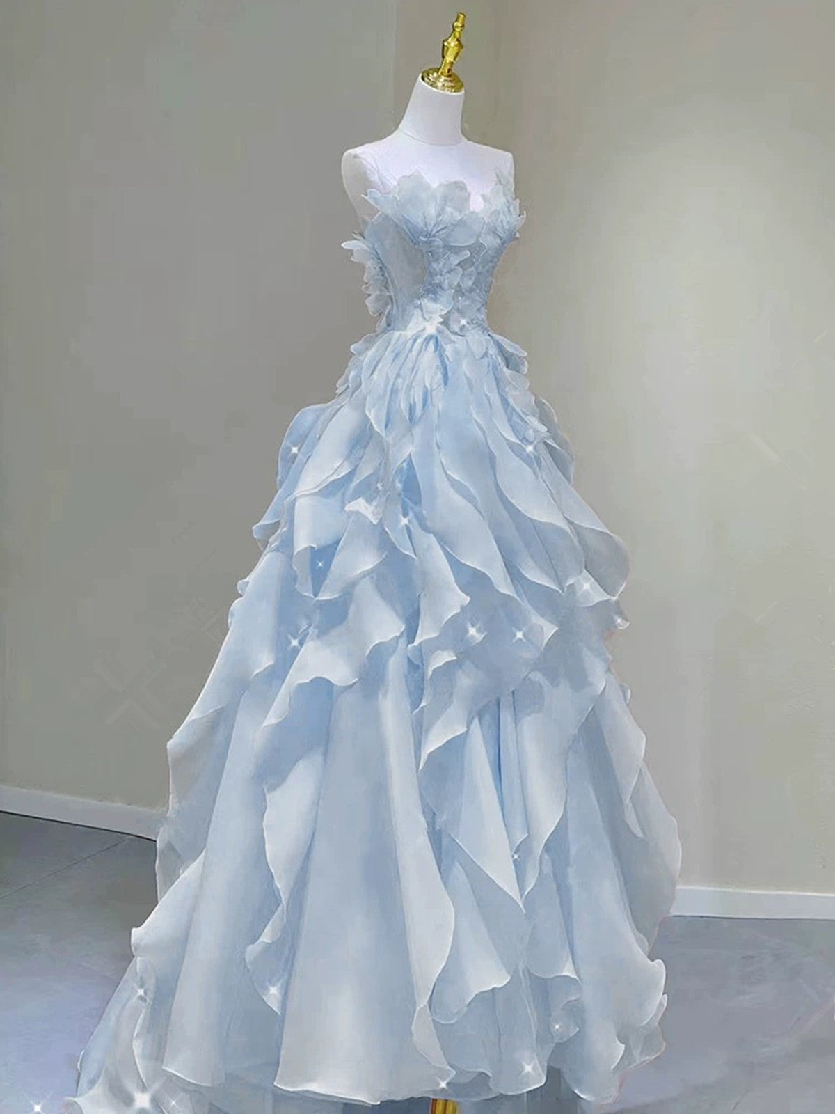 Light Blue Fashion Fairy Low Back Long Party Dress, Light Blue Classy Prom Dress