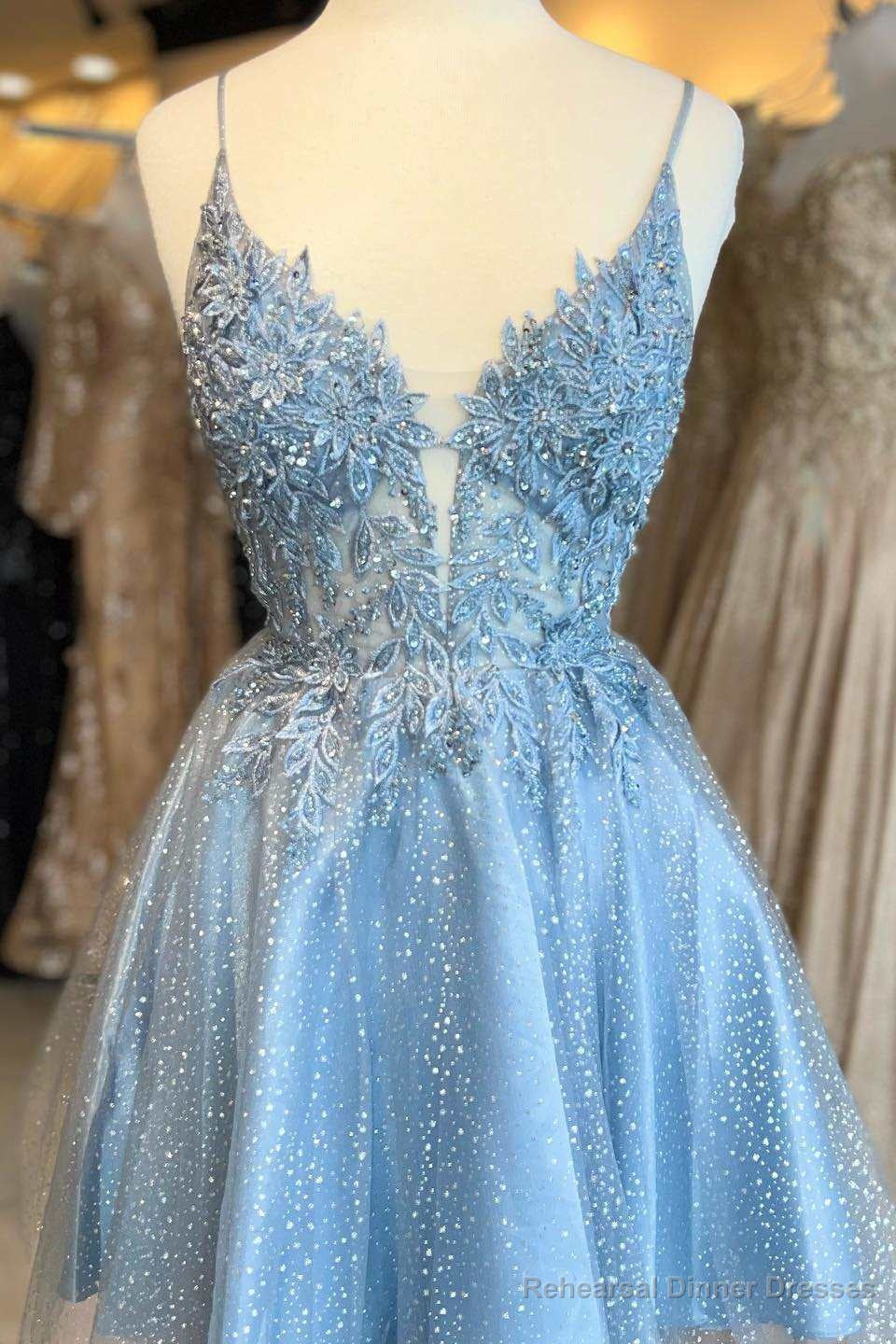 Light Blue Floral Lace Plunge Neck A-Line Short Party Dress Secondary image