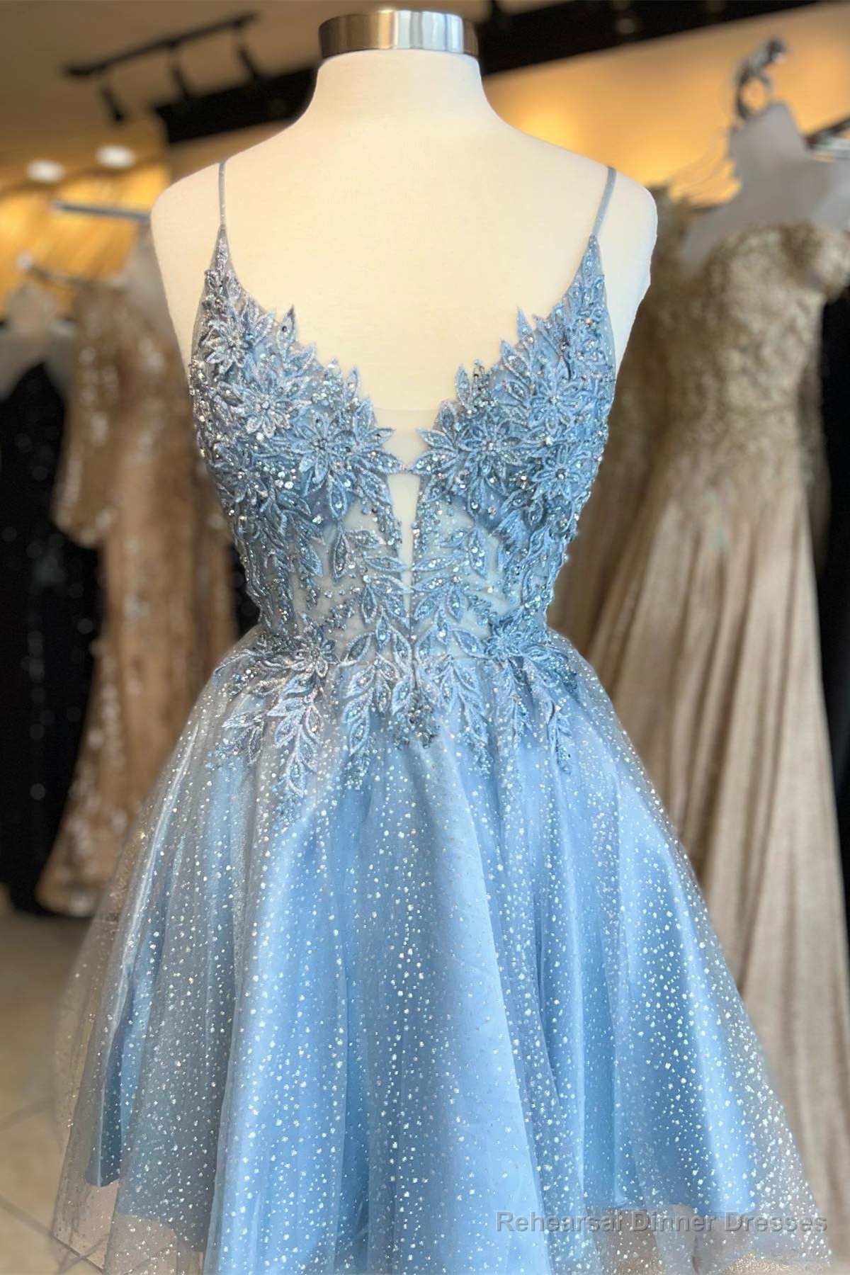 Light Blue Floral Lace Plunge Neck A-Line Short Party Dress Main image