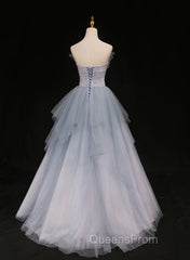 Light Blue Gradient Tulle With Beaded Long Formal Dress, Light Blue Long Evening Prom Dress