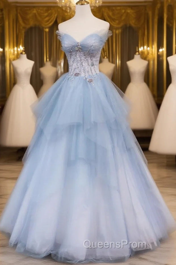 Light Blue Gradient Tulle With Beaded Long Formal Dress, Light Blue Long Evening Prom Dress Main image