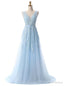 Light Blue Lace Appliques Backless Prom Dress