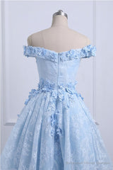 Light Blue Lace High Low Homecoming Dress,Floral Prom Dresses