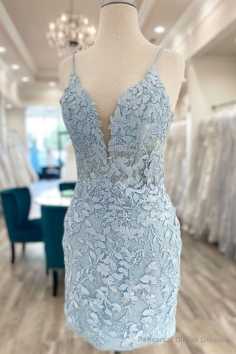 Light Blue Lace Homecoming Dress Dinner Dress Evening Short Main image